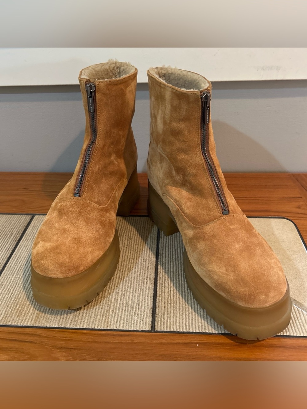 Robert Clergerie Wyllo Tan Suede Front-Zip Lug Sole Boots